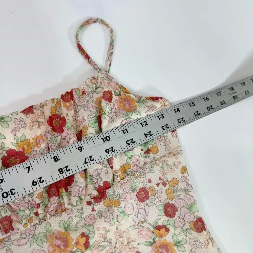 Liz & Sara Mini Dress Womens Medium Tan Floral Y2K Lined Smocked Crepe Milkmaid - Picture 7 of 9